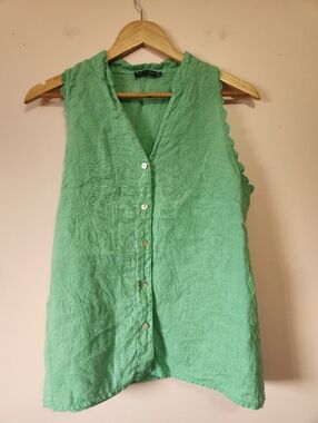 Francesca Bettini Green Sleeveless 100% Linen Blouse Shell Button Down Sz M EUC